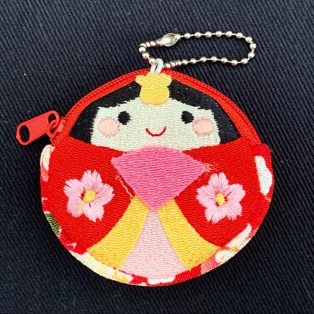Japanese Kimono Doll Coin Purse Red Embroidered Kawaii Zipper Pouch Gift Kitsch